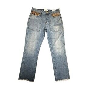 Frame Le High Straight Jeans Blue Denim Sz 28 Cropped‎ Denim Snakeskin #T2-1